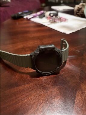 Samsung Smartwatch with Olive Green Silicone Band and Black Bezel